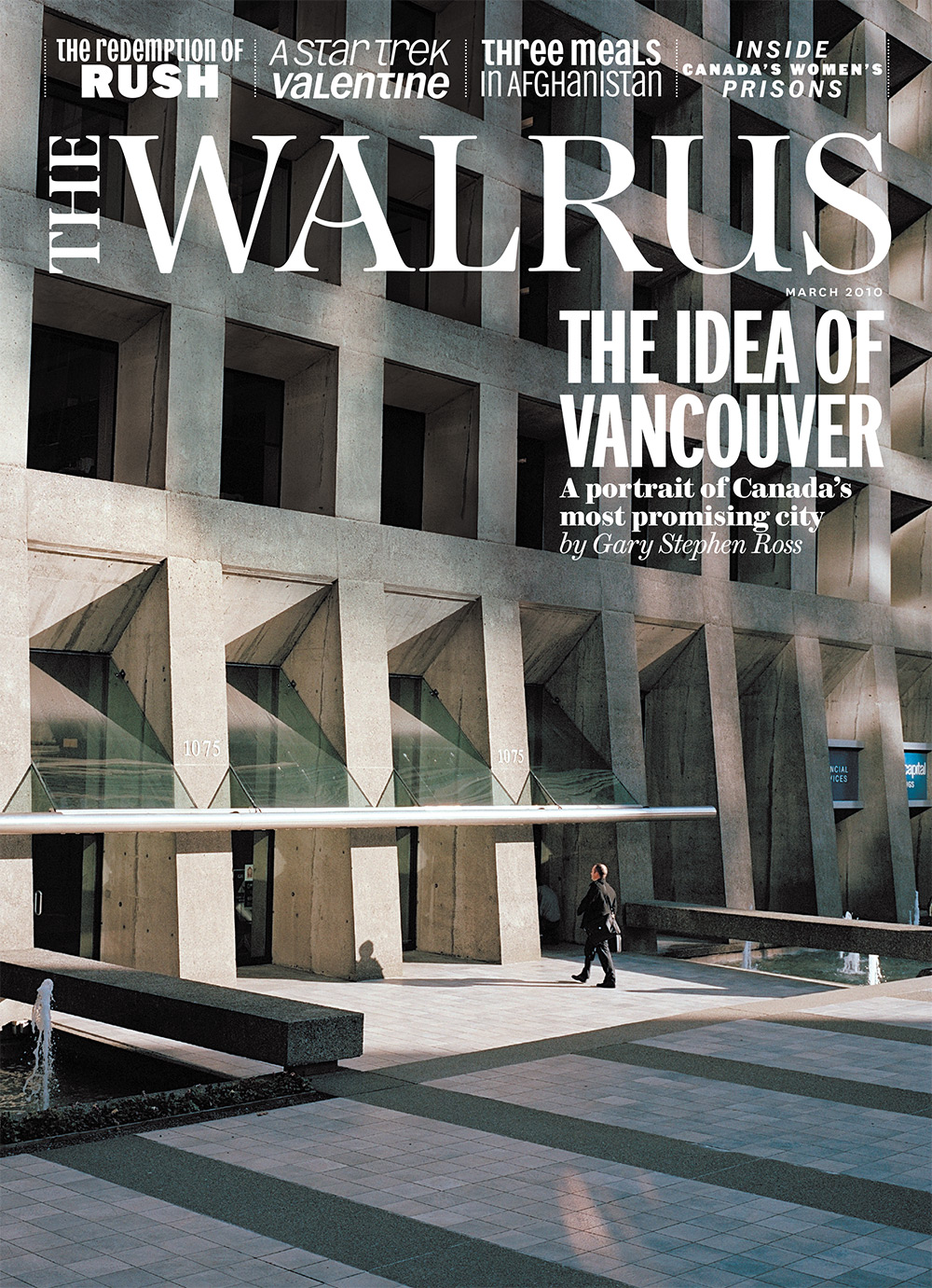 Cover of The Walrus magazine featuring a photo of a large office building with its windows forming a grid across the frame. The Walrus wordmark is in white at the top and the main headline reads 'The Idea of Vancouver.'