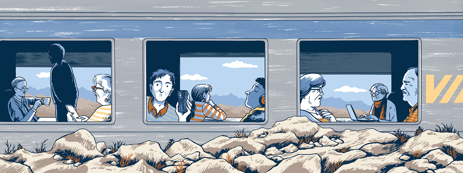 Wide illustration of a grey train with a blue stripe across the side. Outside are rocks and mountains in the distance. Through the windows, various passengers are seen looking outside, sleeping, working on a laptop, and complaining to a porter while pointing to a watch, implying the train is late.