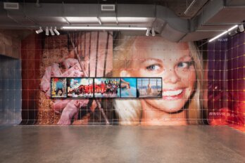 Image of a wall depicting suckling piglets and Pamela Anderson's face with a smaller row of art pieces hanging on it.