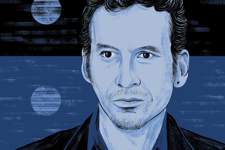 An illustration of poet Steven Heighton in front of the sea at night.