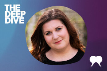 A photo of Emily Baron Cadloff surrounded by a blue and purple border. On the upper left corner of the image, it says "The Deep Dive" in white lettering. On the bottom right corner of the image, it is a white tusk logo from The Walrus.
