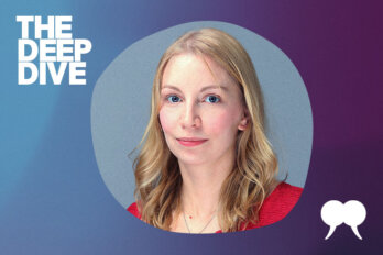 A photo of Sarah Lawrynuik surrounded by a blue and purple border. On the upper left corner of the image, it says "The Deep Dive" in white lettering. On the bottom right corner of the image, it is a white tusk logo from The Walrus.