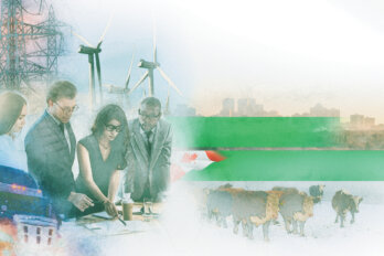 An illustration featuring a group of people collaborating over a table, with electrical towers behind them, and a truck in front of them. Two green arrows point to the right of the image and under the arrows are a group of cows and above the arrows is a long view of a city.