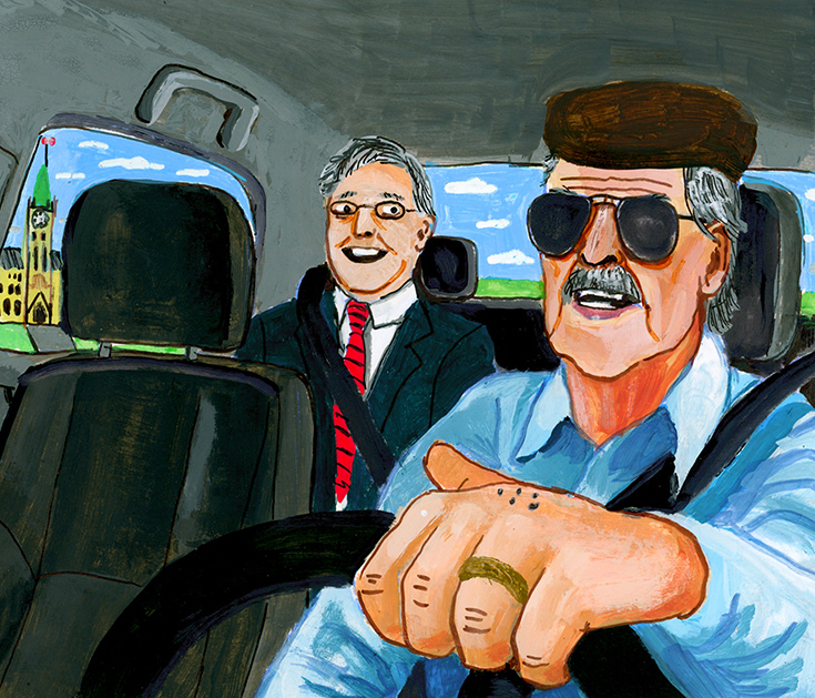 Illustration of Hawkins driving a cab. 