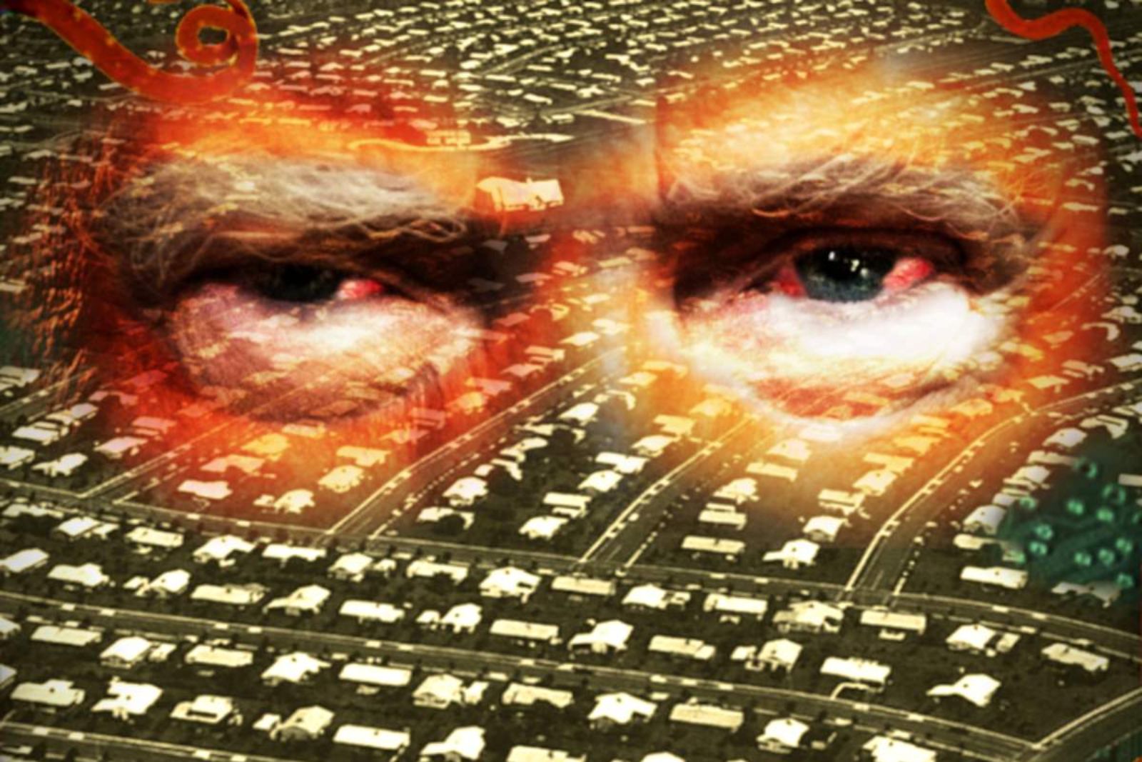 Photo of Donald Trump's eyes imposed above an aerial view of a suburb with tentacles rising from the bottom of the image.