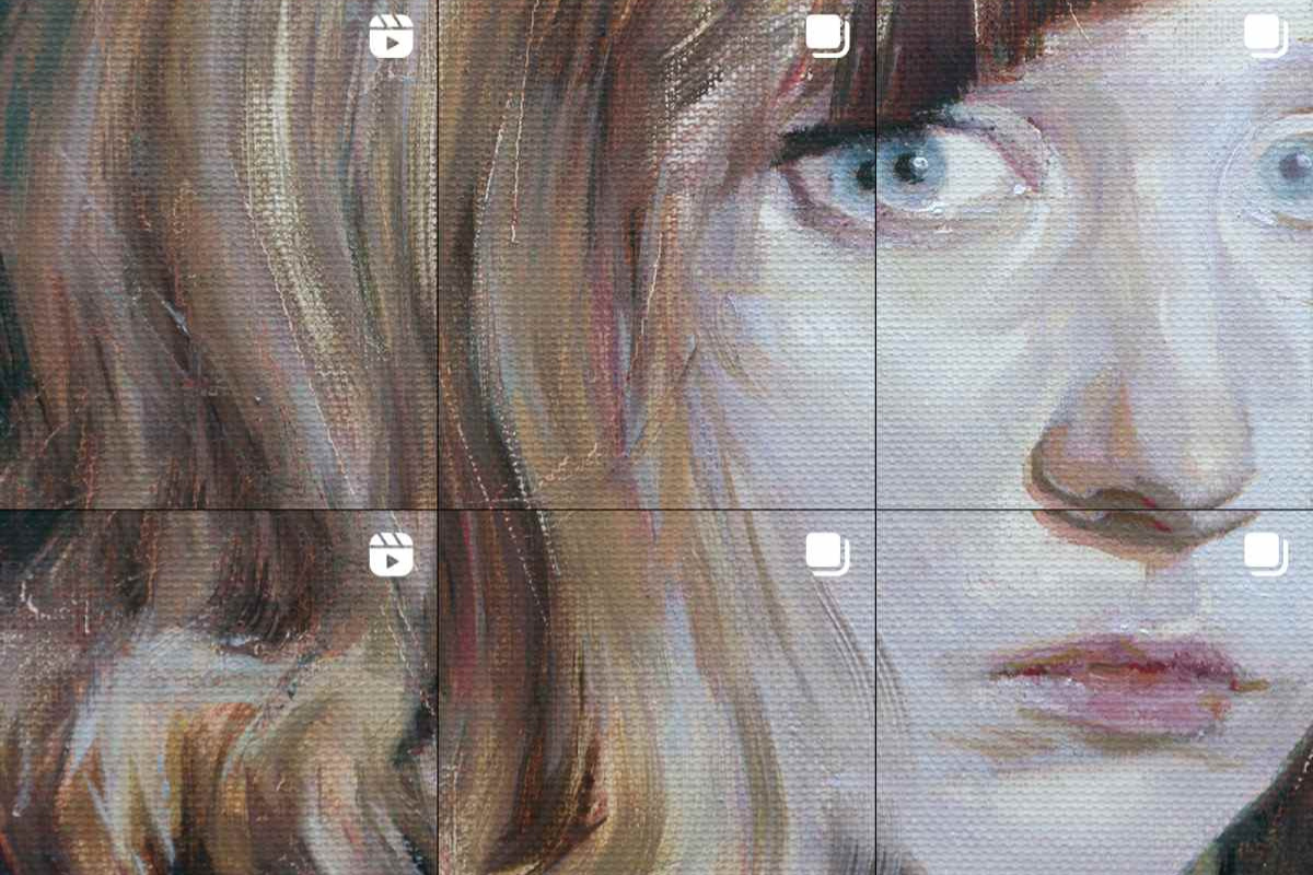 An illustration
of a blonde woman's face up close, overlaid with Instagram-like square grid