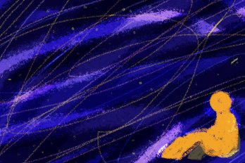 Illustration of a small, person-shaped orange figure sitting in the corner of the screen. The rest of the screen is filled with moody and dark blue, purple and black streaks.