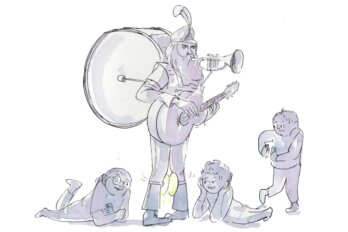 An illustration of a man with a guitar, harmonica, and cymbals strapped to his keens. Several children are gathered excitedly around him