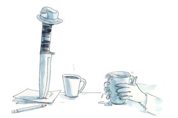An illustration of a tabletop with a knife on the left side, a person's hands on the right, and a mug in between. The knife is vertical with a "press" fedora ha on the top of the handle. The knife stabs a pile of papers in place. The person's hand on the right is holding a mug.