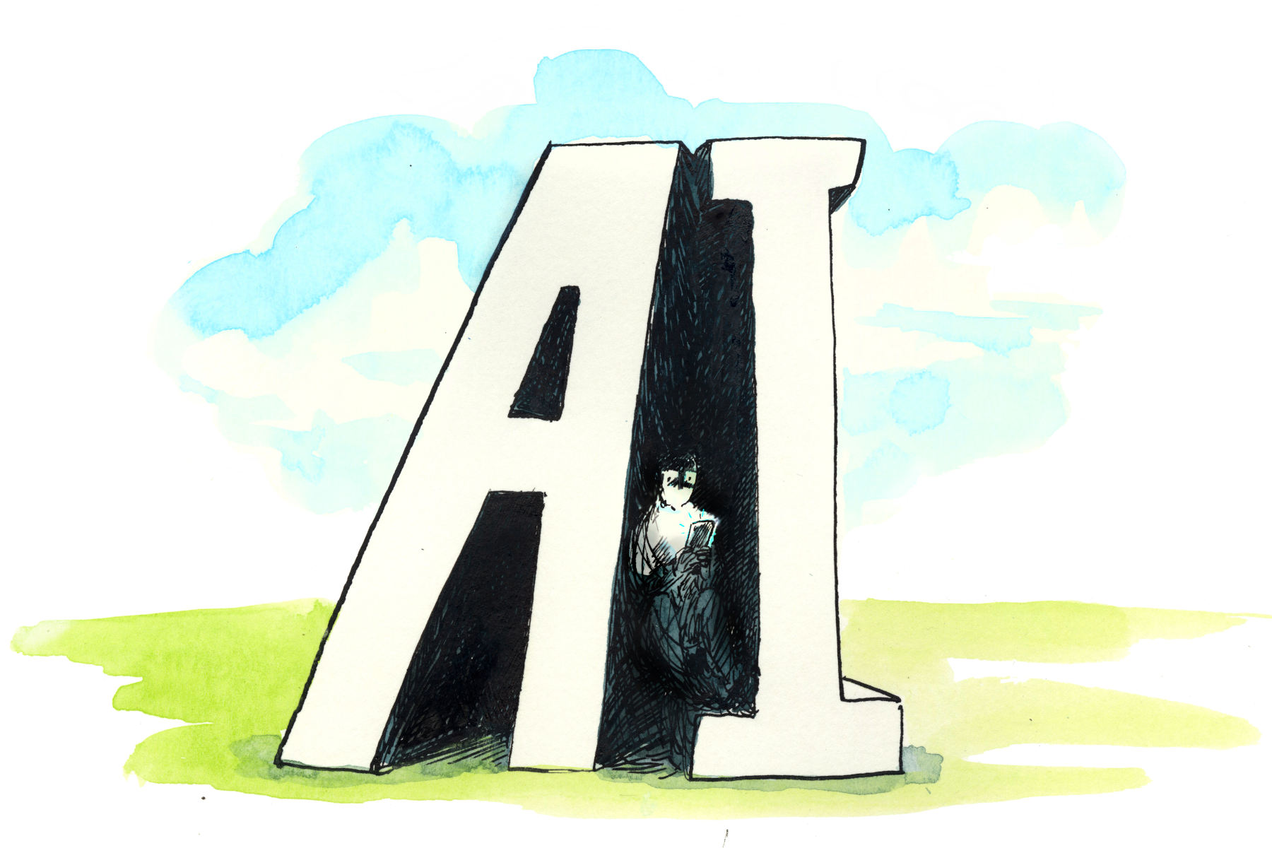 In an illustration, a person stares at their phone in the shadow of two massive letters spelling out 'AI.'