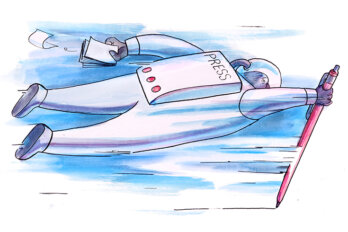 Illustration of a bird in an astronaut suit labelled "press" carrying a giant pen.