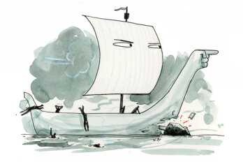 A ship with lined paper for a sail crashes into an iceberg as its passengers start jumping off-board.