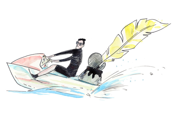 An illustration of a man wearing sunglasses and a black beret while driving a jet ski that has a quill and inkwell as its motor.
