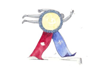 A photo illustration of a prize ribbon with a person. The two legs are shaped like red and blue ribbons, one with the Canadian maple leaf, the other a fleur-de-lis