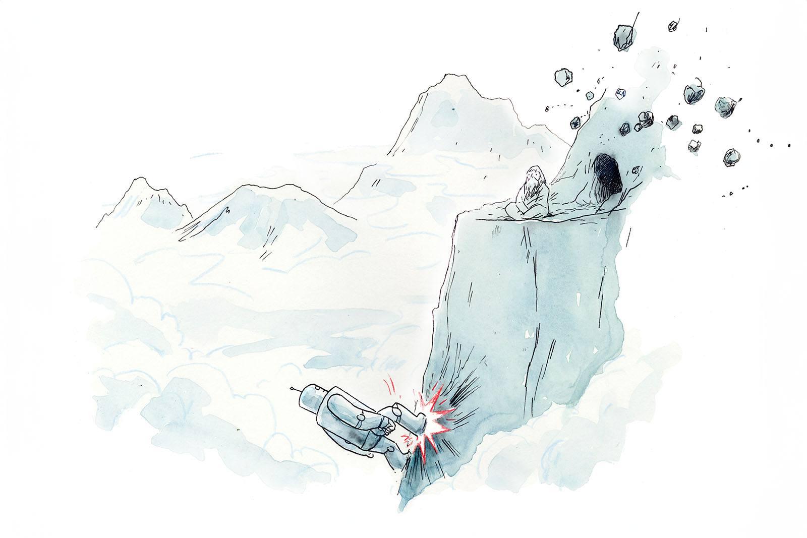 A giant robot walks up a mountainside towards a man sitting outside a cave as rocks from above shower down.