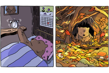 Cartoon panel of a bear waking up to an alarm clock and ending hibernation, but confused that it looks like autumn and not spring outside.