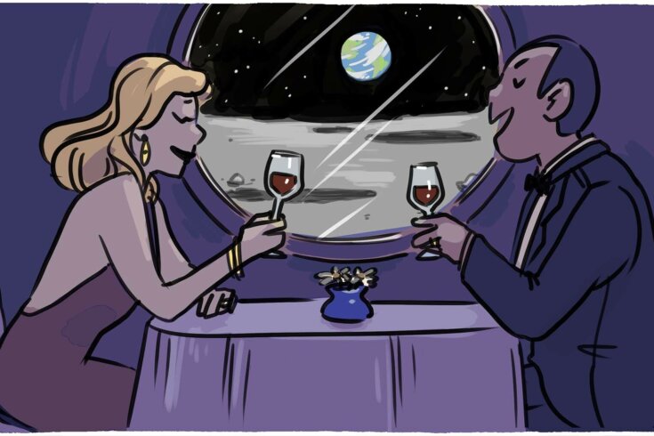 An illustration of a wealthy woman and man drinking wine at a restaurant in front of a window with a view of planet Earth from the moon.