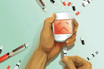 A pair of hands attempts to plug in an insulin pump, but the screen displays a red sad face. The hands are surrounded by syringes and pills against a mint-green background.