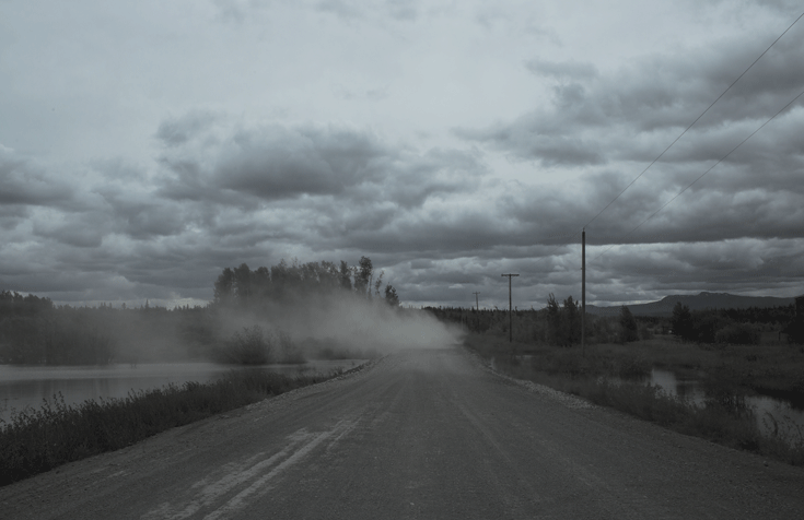 A long, empty dirt road stretches out under a gray and cloudy sky.