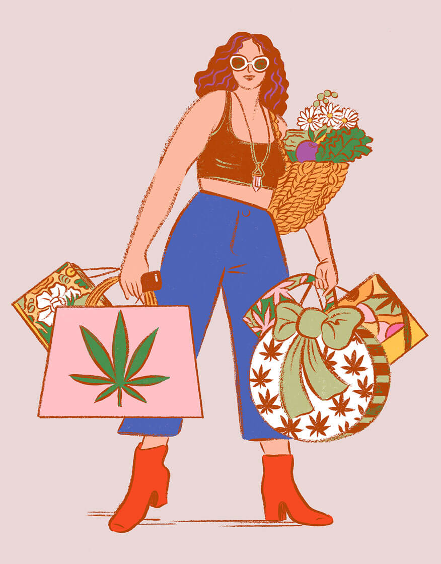 A woman wearing sunglasses, a crop top and wide-leg jeans carries half a dozen shopping bags branded with cannabis iconography, against a pink background.