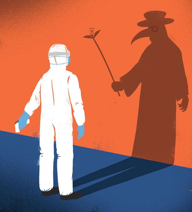 A person in full-body protective gear looks at his shadow on the wall, which is a robed figure in a broad hat and a plague mask with a long beak.