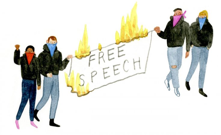 Students hold a protest banner on fire that reads free speech.