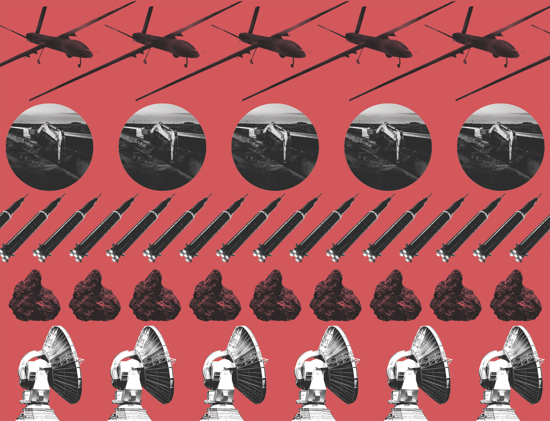 In an illustration, black-and-white pictures of helicopters, mining equipment, missiles, rocks, and satellites repeat in rows against a red background