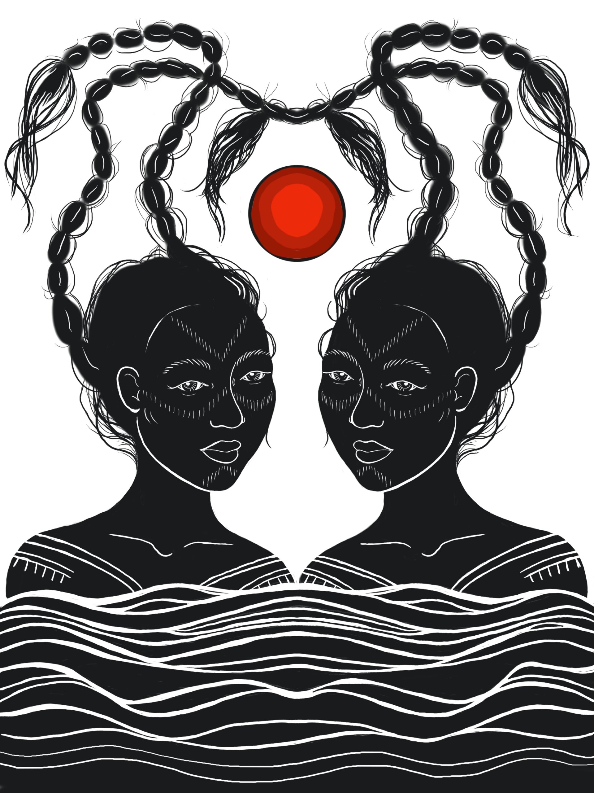 A black-and-white illustration of two Indigenous with long braids of hair that are intertwined above their heads. A blood red moon is between them.