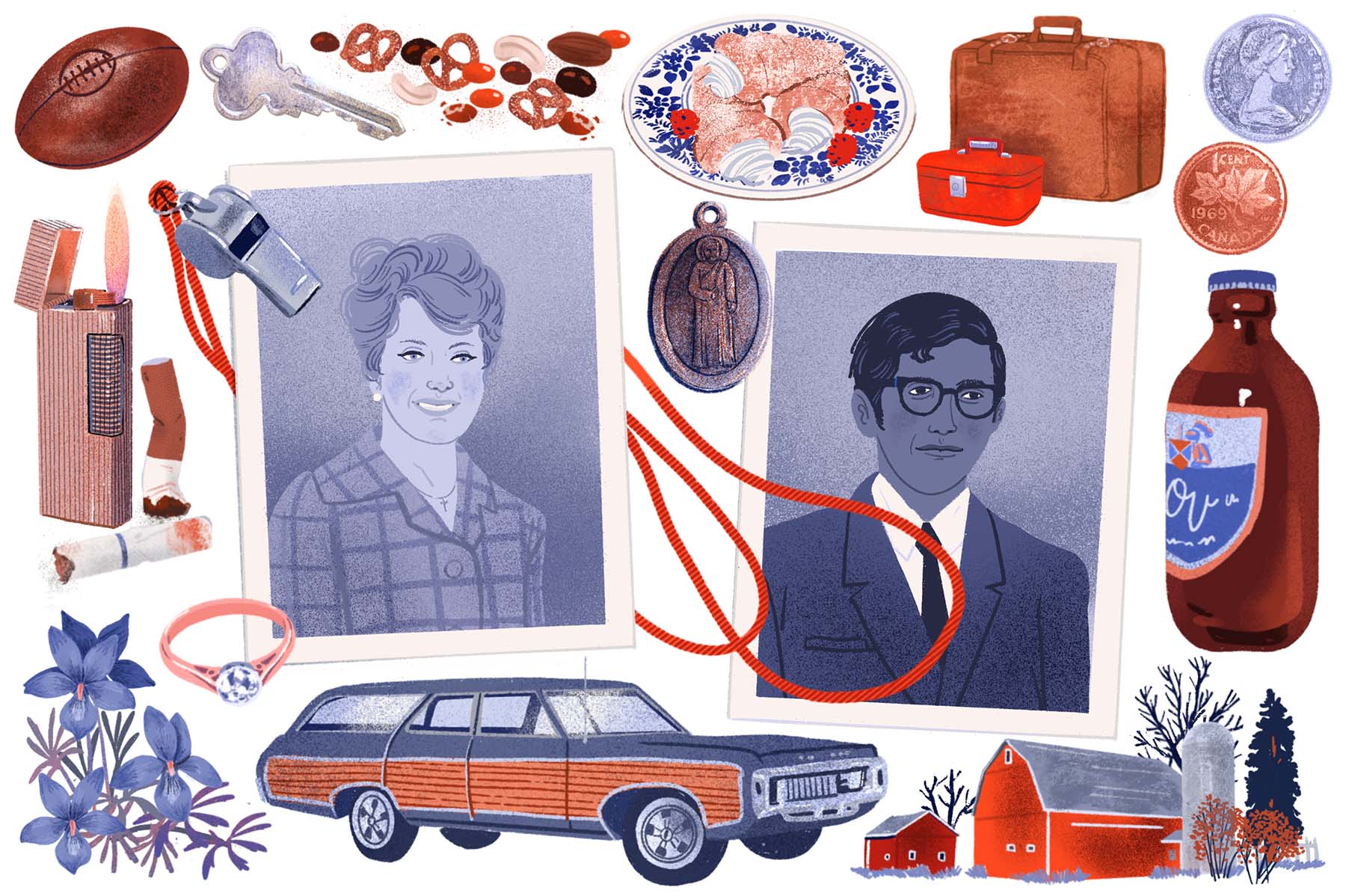 Illustrations of a stubbie of beer, station wagon, football, cigarettes, engagement ring, whistle, suitcases and flowers surround two separate photographs of a white woman and a Sri Lankan man