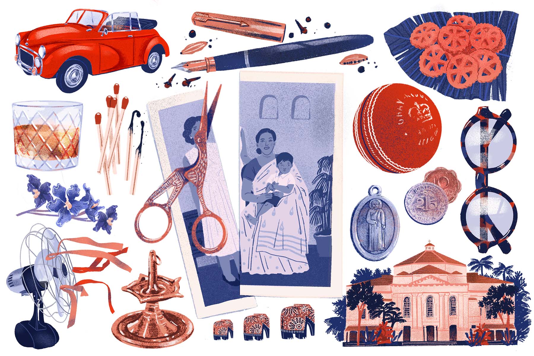 Illustrations of glasses, matches, a car, fountain pen, amulet, leaves, coins, flowers, fountains and a large house surround a black-and-white photo of a Sri Lankan family snipped by bird-shaped scissors.