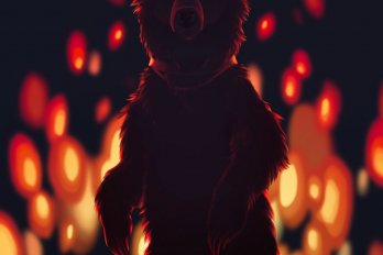 Illustration of a bear standing on its hind legs. It is wearing a muzzle on its head and its eyes are glowing. Behind it, a fire is burning against a dark night.