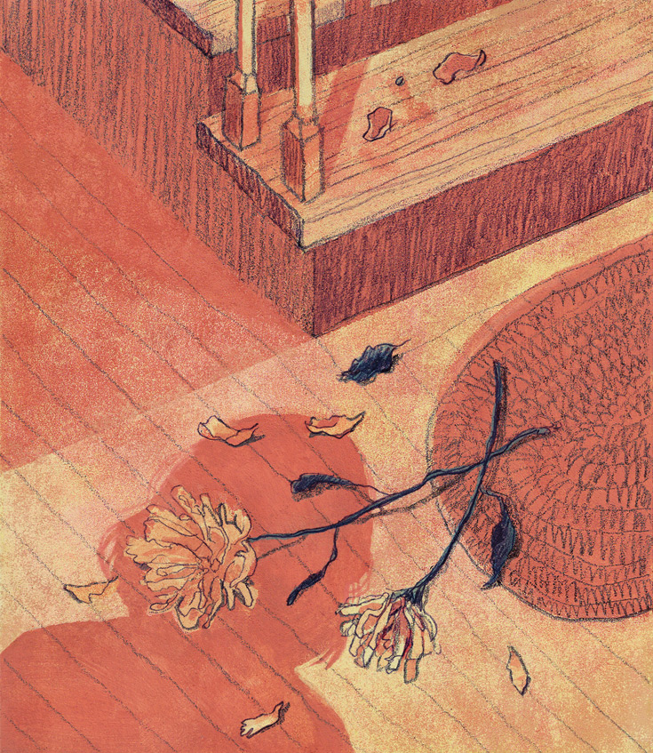Illustration of two dried flowers lying on the floor near a small mat. Also on the floor is the shadow of a woman standing above the flowers and looking down.