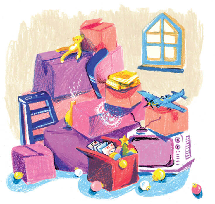 An illustration of a pile of boxes and attic junk.