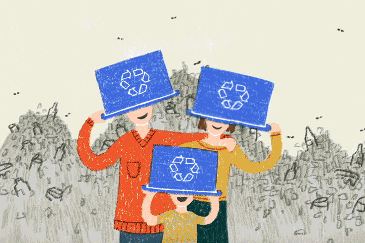 Animation of three illustrated humans putting blue recycling buckets on their heads