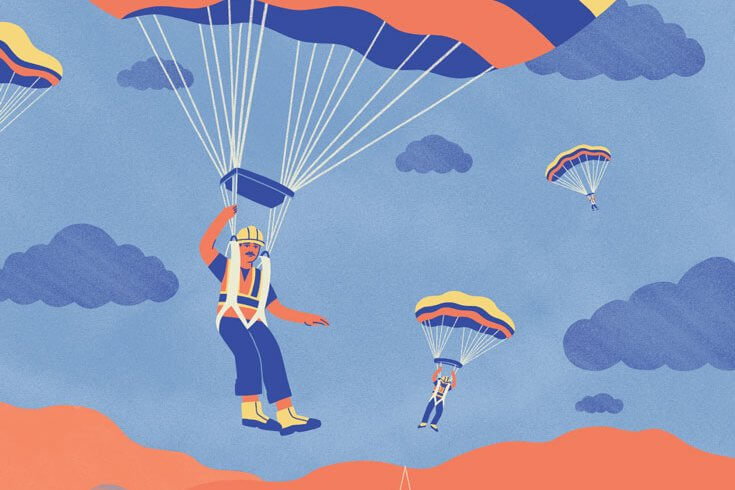 An illustration of men in construction gear and hard hats parachuting into a city.