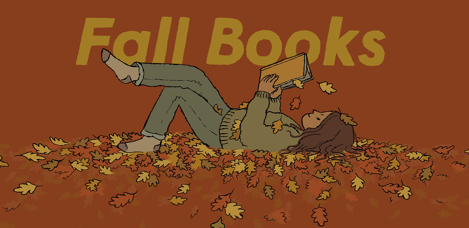 A person lying back in a pile of fall leaves with an open book in their hands.