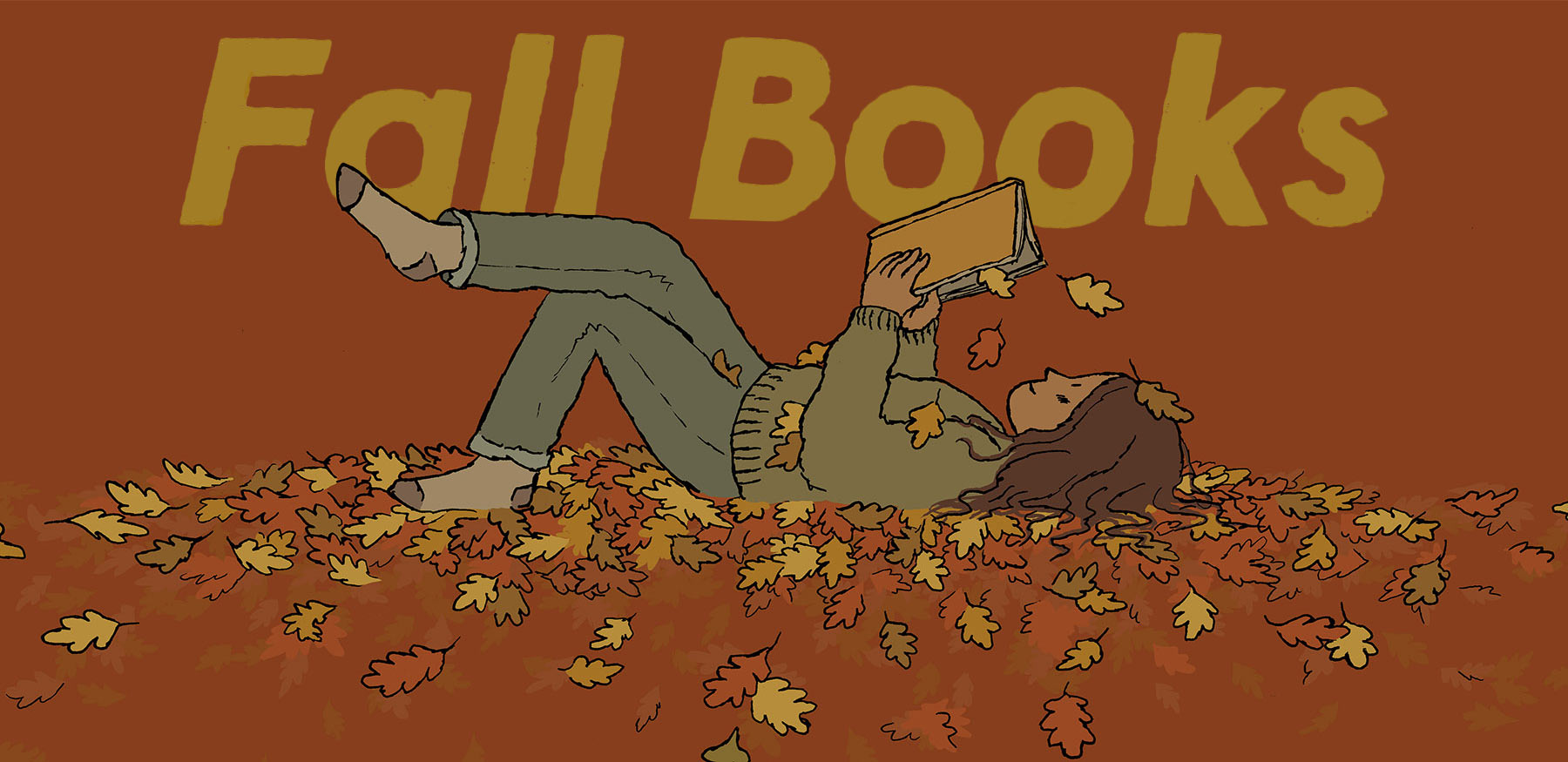 A person lying back in a pile of fall leaves with an open book in their hands.