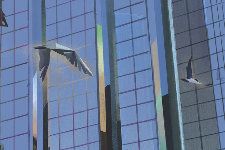Illustration of glass buildings with three birds flying by.