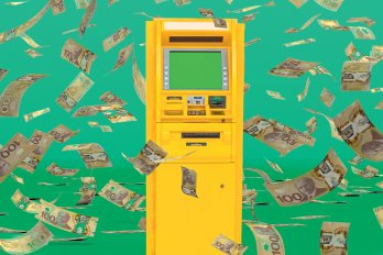 Image of an ATM against a green background. Hundred-dollar bills swirl in the air around it.