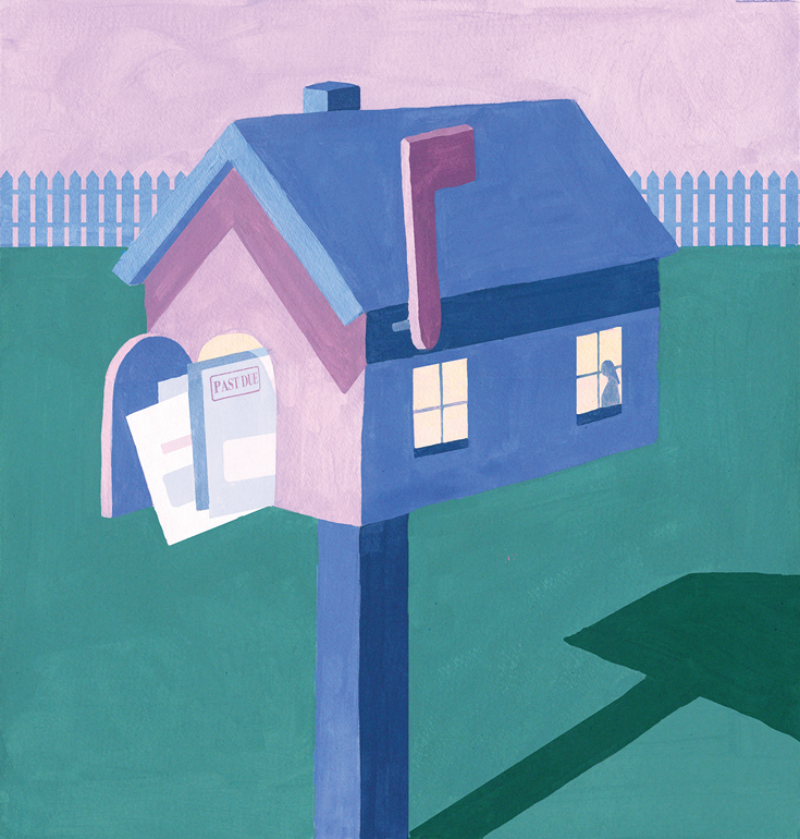 Illustration of a house-shaped mailbox overflowing with bills that are past due.