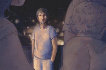 Illustration of a man looking on as a man and woman interact with a child in the foreground of the image.