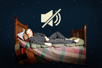 A photo illustration of a man snoring in a bed floating in a starry sky, with a "mute" symbol above him.