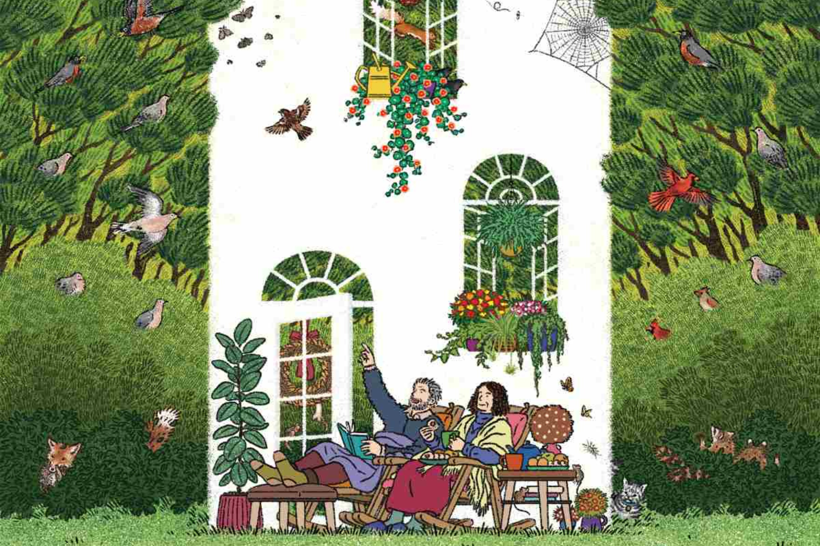 Illustration of two people sitting outside a white house, looking at the birds in the trees and rabbits on the grass.