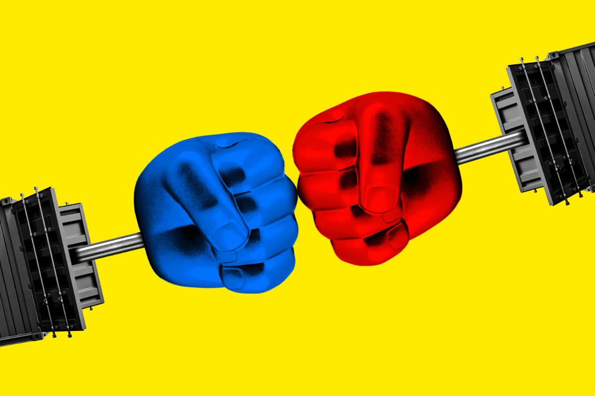 Photo illustration of two mechanical fists, one blue and one red, connecting against a yellow backdrop. Each fist has emerged from a shipping container.