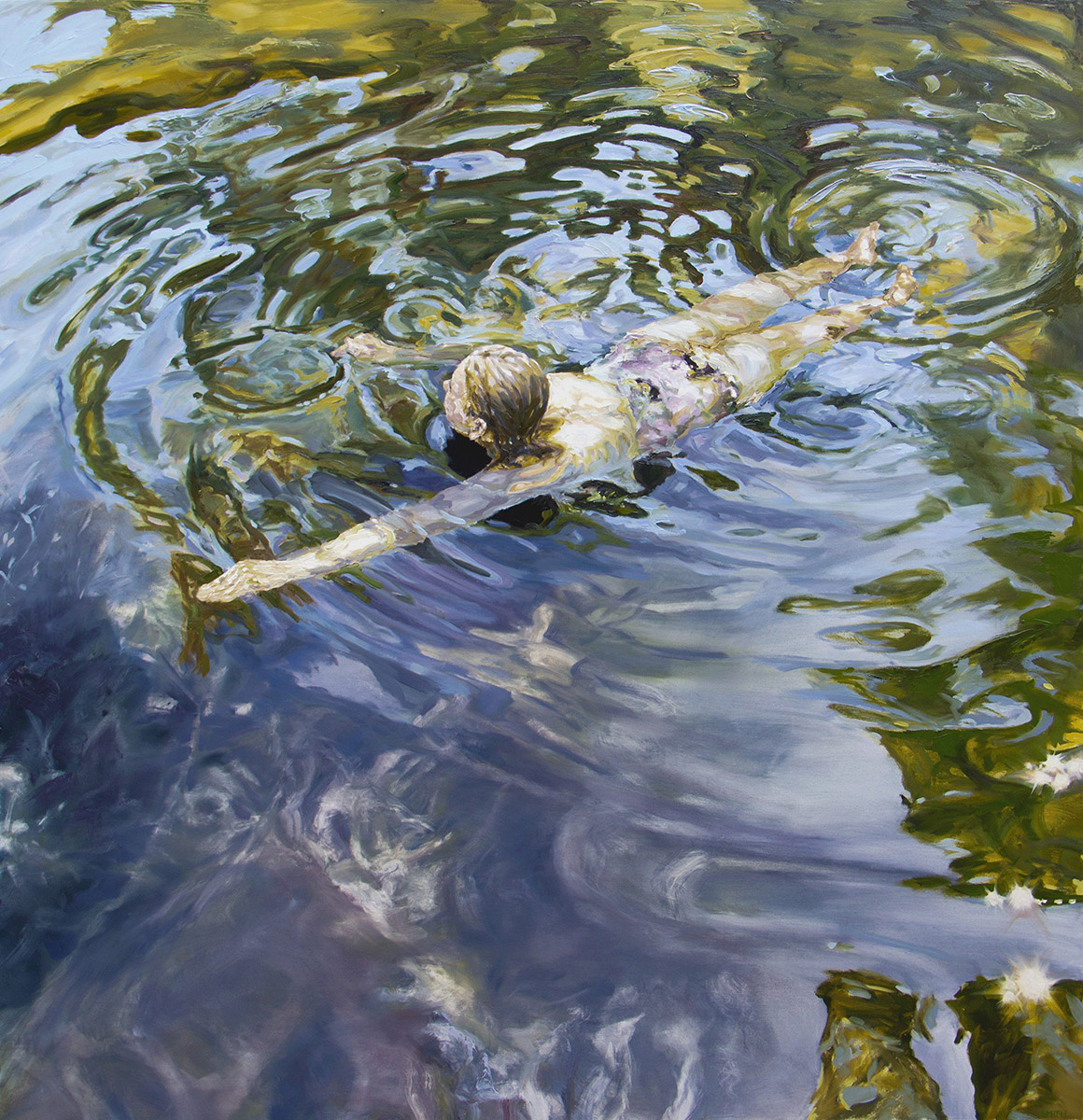 Painting of a girl swimming in a lake in the direction of the viewer. Trees and vegetation are reflected in the rippled surface of the water.