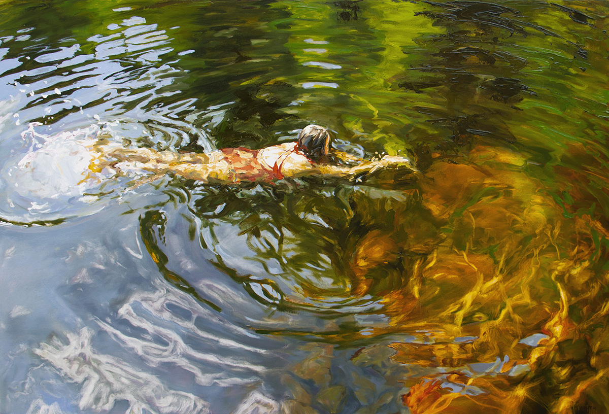 Painting of a girl in a red swimsuit swimming in a lake. Trees and vegetation are reflected in the rippled surface of the water.