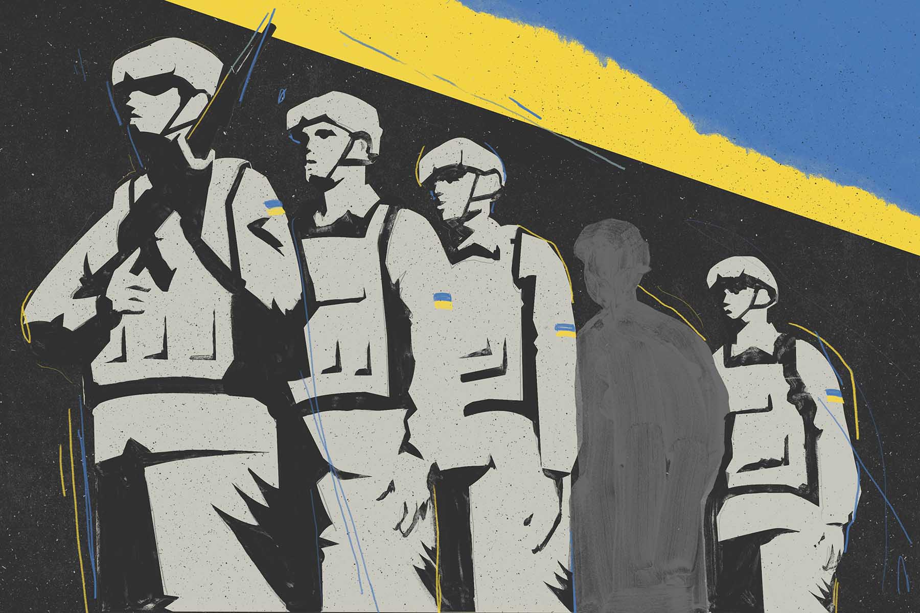 An illustration of four grey soldiers with blue and yellow Ukrainian flags on their sleeves line up; a fifth soldier appears only as a silhouette.