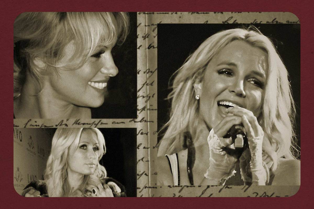 A photo illustration of a black-and-white photo of Britney Spears, Pamela Anderson and Paris Hilton with handwriting in the background. There is a red border around the image.