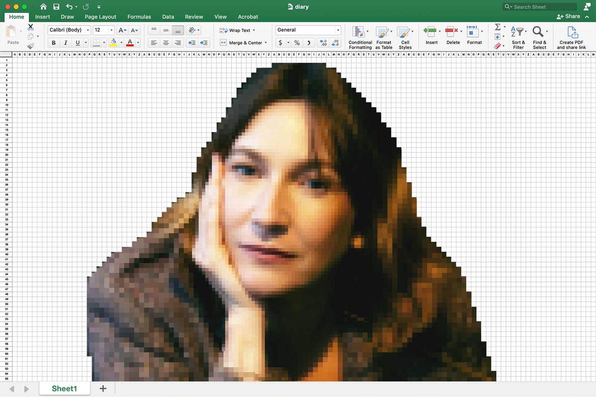 A photo illustration of pixel art of Sheila Heti made in an Excel spreadsheet.