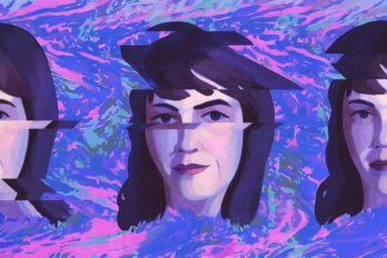 An illustration of Rachel Cusk's head, appearing three times, interrupted by static. The background is a swirl of pink, purple, and blue.